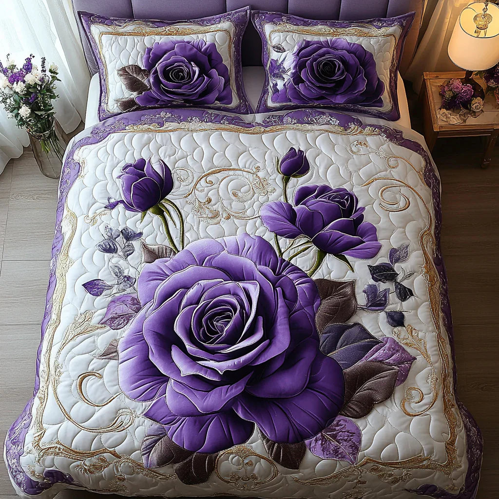 Conjunto de roupa de cama acolchoada de 3 peças - Rosa Roxa