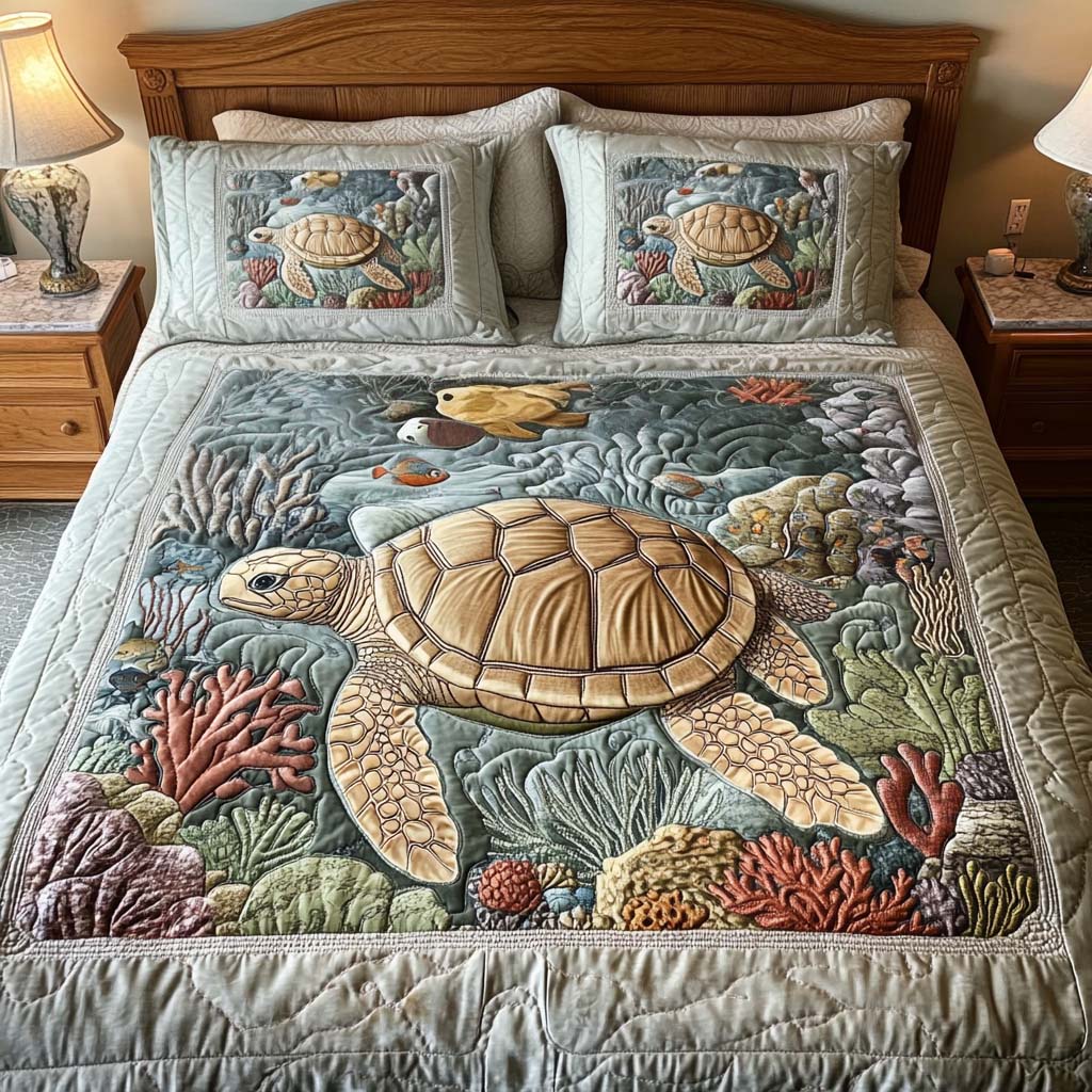 Conjunto de roupa de cama acolchoada de 3 peças - Tartarugas