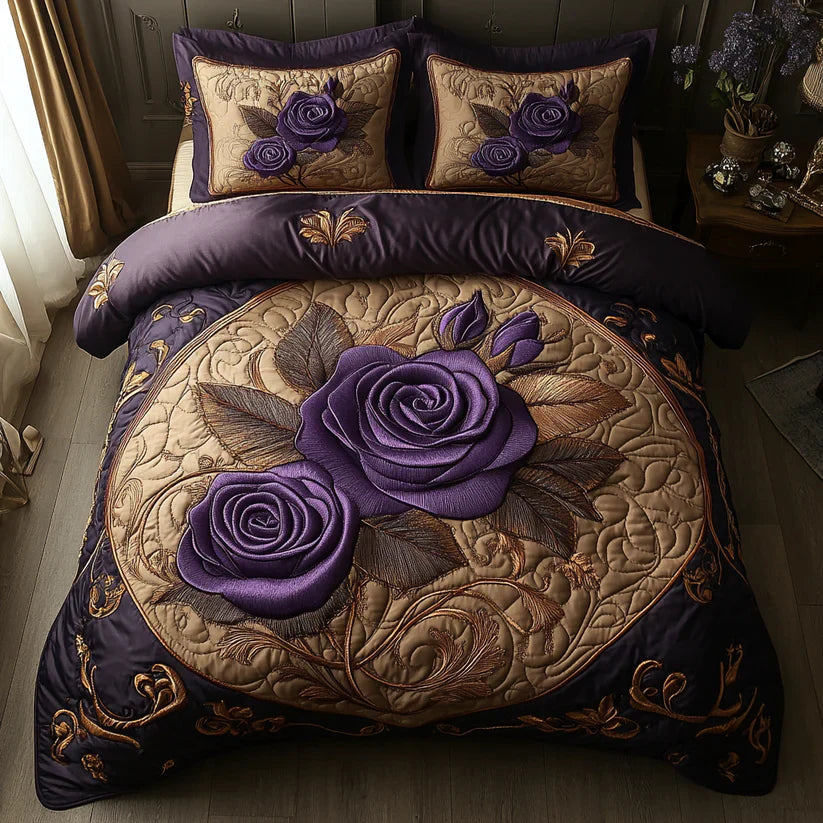 Conjunto de roupa de cama acolchoada de 3 peças - Rosa Roxa
