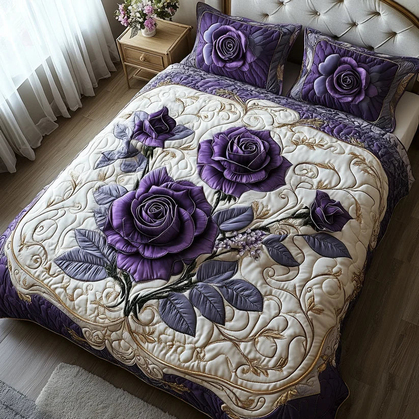 Conjunto de roupa de cama acolchoada de 3 peças - Rosa Roxa