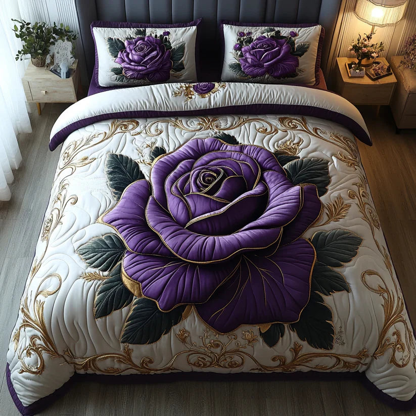 Conjunto de roupa de cama acolchoada de 3 peças - Rosa Roxa