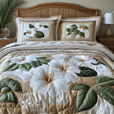 Conjunto de roupa de cama acolchoada de 3 peças - Hibisco Branco